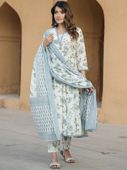 Dhiyona KL Floral Printed V-Neck Thread Work Pure Cotton Empire Kurta with Trousers & Dupatta