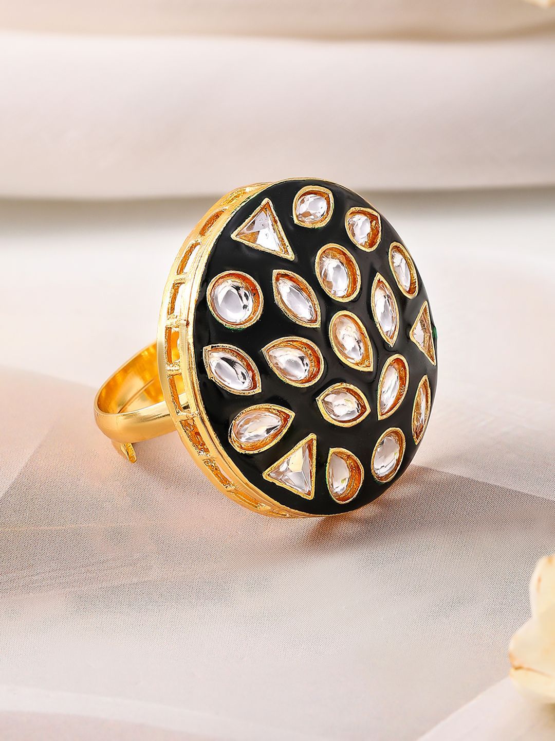 Dhiyona RJ Women's 18K Gold-Plated Black Enamelled and White Kundan Adjustable Ring with Round Design