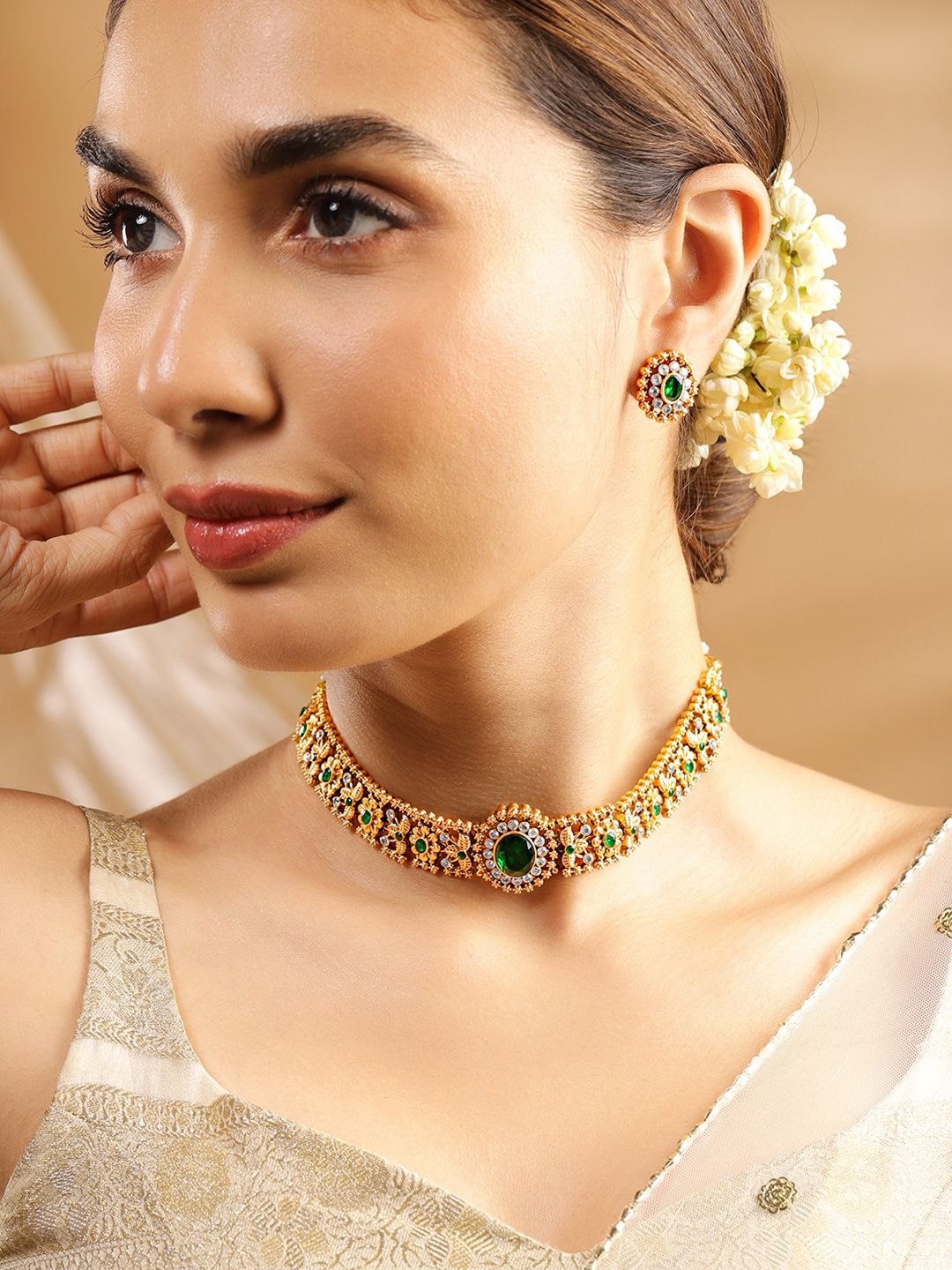 Dhiyona RJ Women's 24K Gold Plated Handcrafted Emerald & Cubic Zicronia Studded Choker Jewellery Set