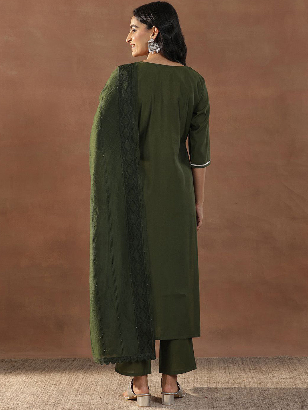 Olive Green Floral Embroidered Sequinned Straight Kurta With Trousers & Dupatta