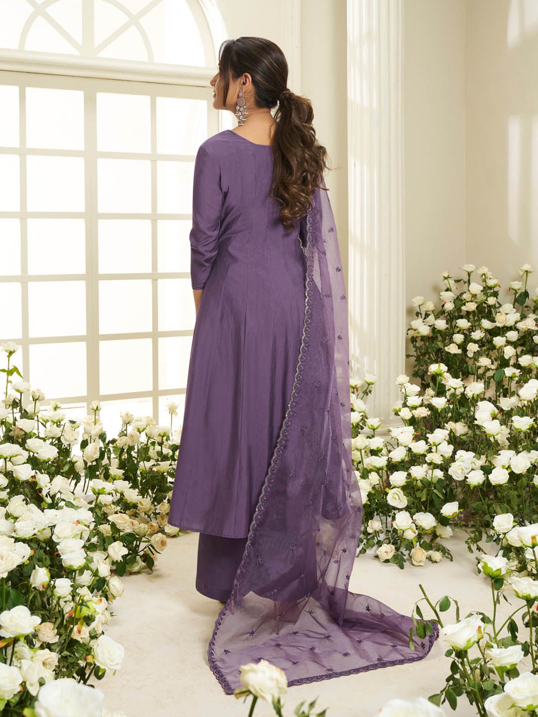 Dhiyona IN Floral Yoke Design Round Neck Sequinned Anarkali Kurta With Palazzos & Dupatta