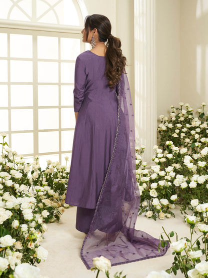 Dhiyona IN Floral Yoke Design Round Neck Sequinned Anarkali Kurta With Palazzos & Dupatta