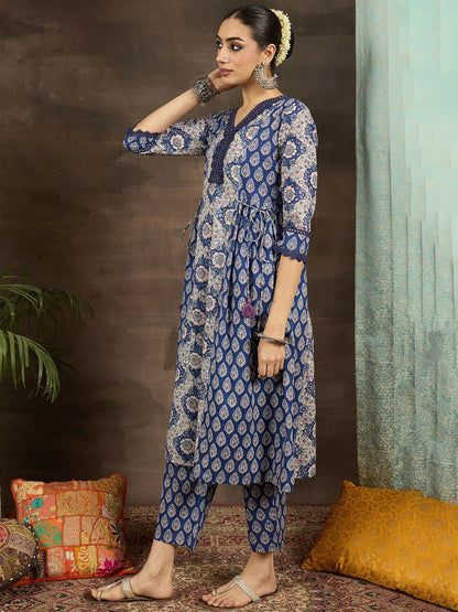 Floral Printed V-Neck Pure Cotton A-Line Kurta With Trousers