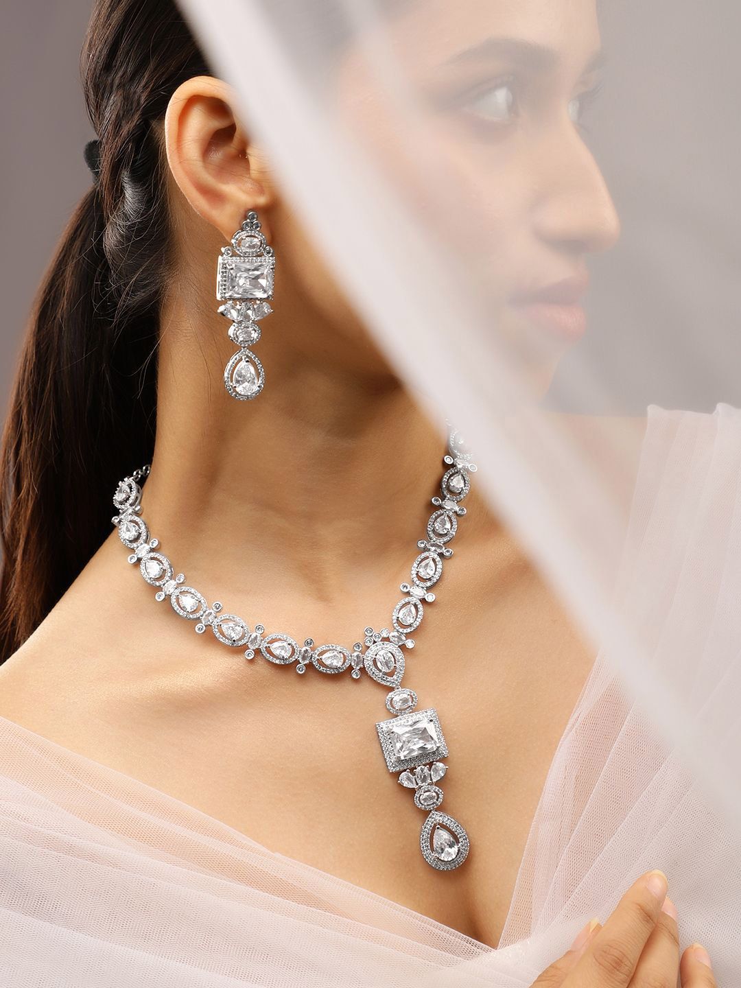 Dhiyona RJ Women's Rhodium-Plated White Cubic Zirconia Studded Statement Luxe Jewellery Set