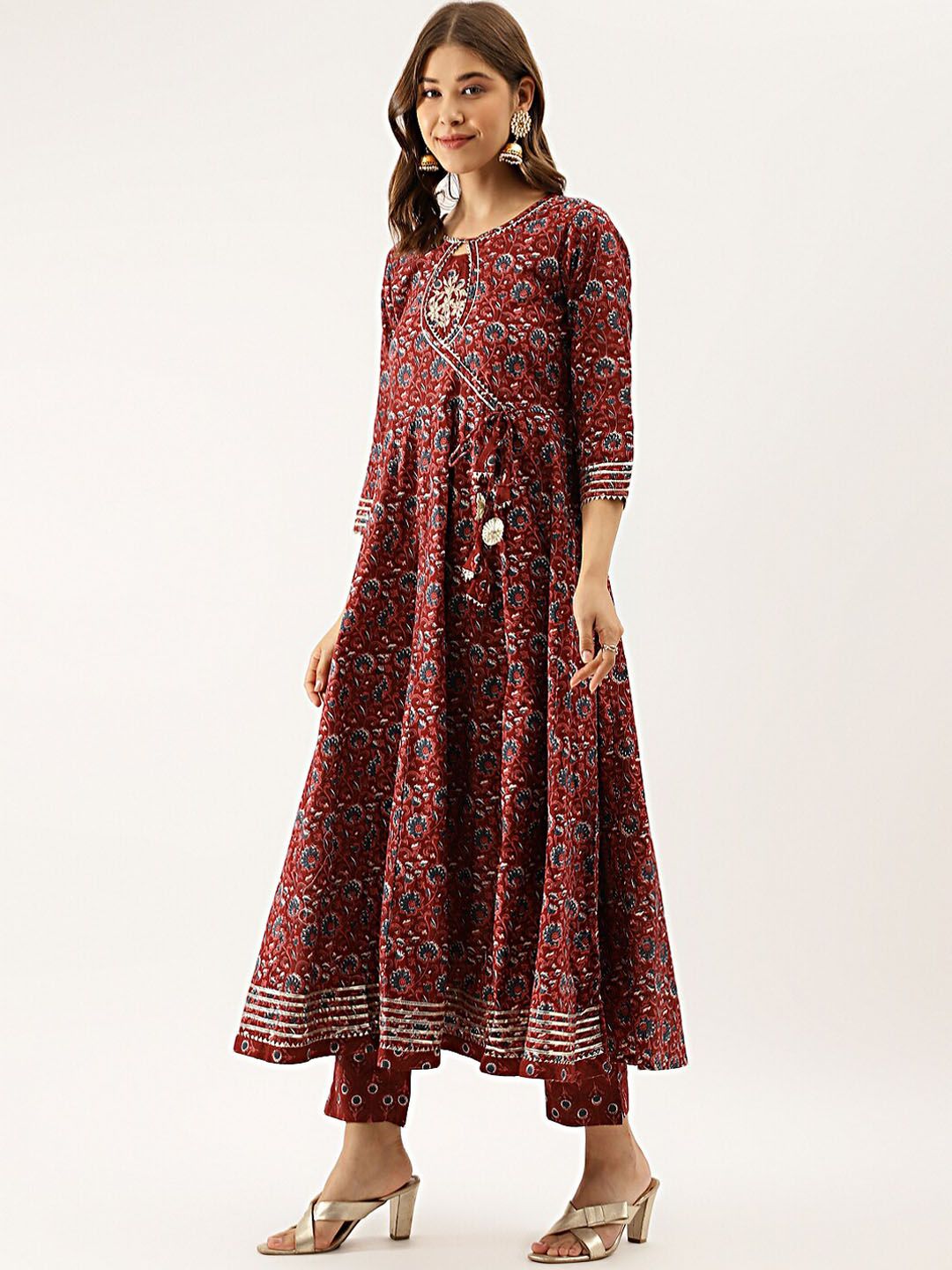 Dhiyona KL Floral Printed Gotta Patti Pure Cotton Anarkali Kurta & Trousers With Dupatta