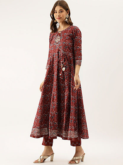 Dhiyona KL Floral Printed Gotta Patti Pure Cotton Anarkali Kurta & Trousers With Dupatta