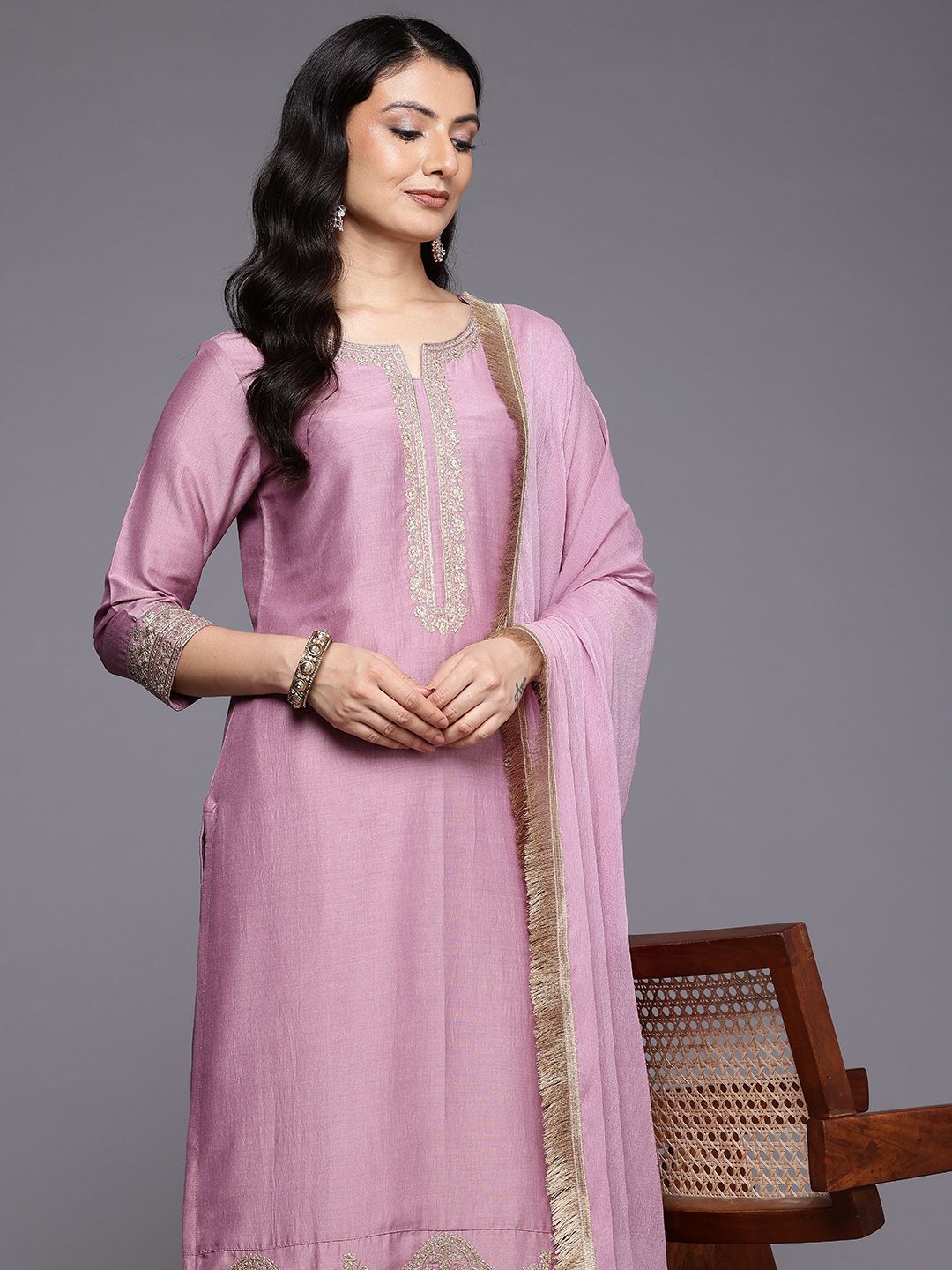 Dhiyona VA Women'sEmbroidered Zari Kurta With Palazzos & Dupatta