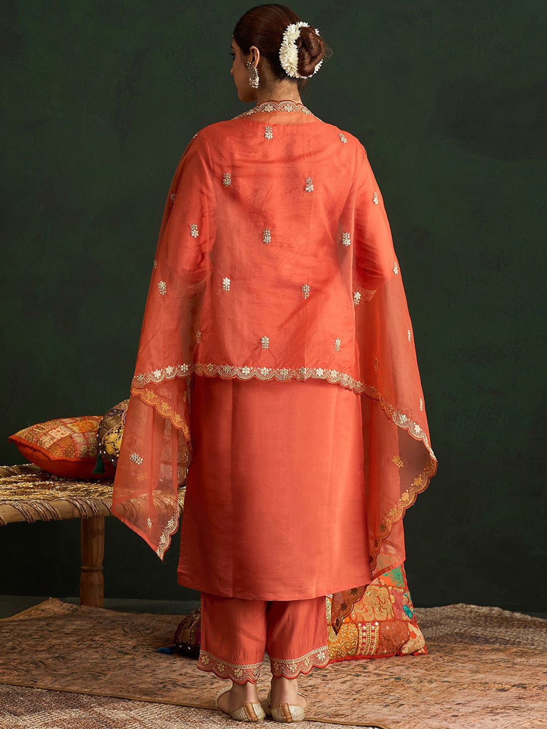 Ethnic Motifs Embroidered Gotta Patti Straight Kurta With Trousers & Dupatta