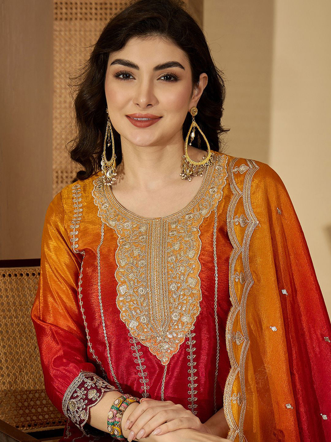 Floral Embroidered Round Neck Sequinned Kurta With Trouser & Dupatta