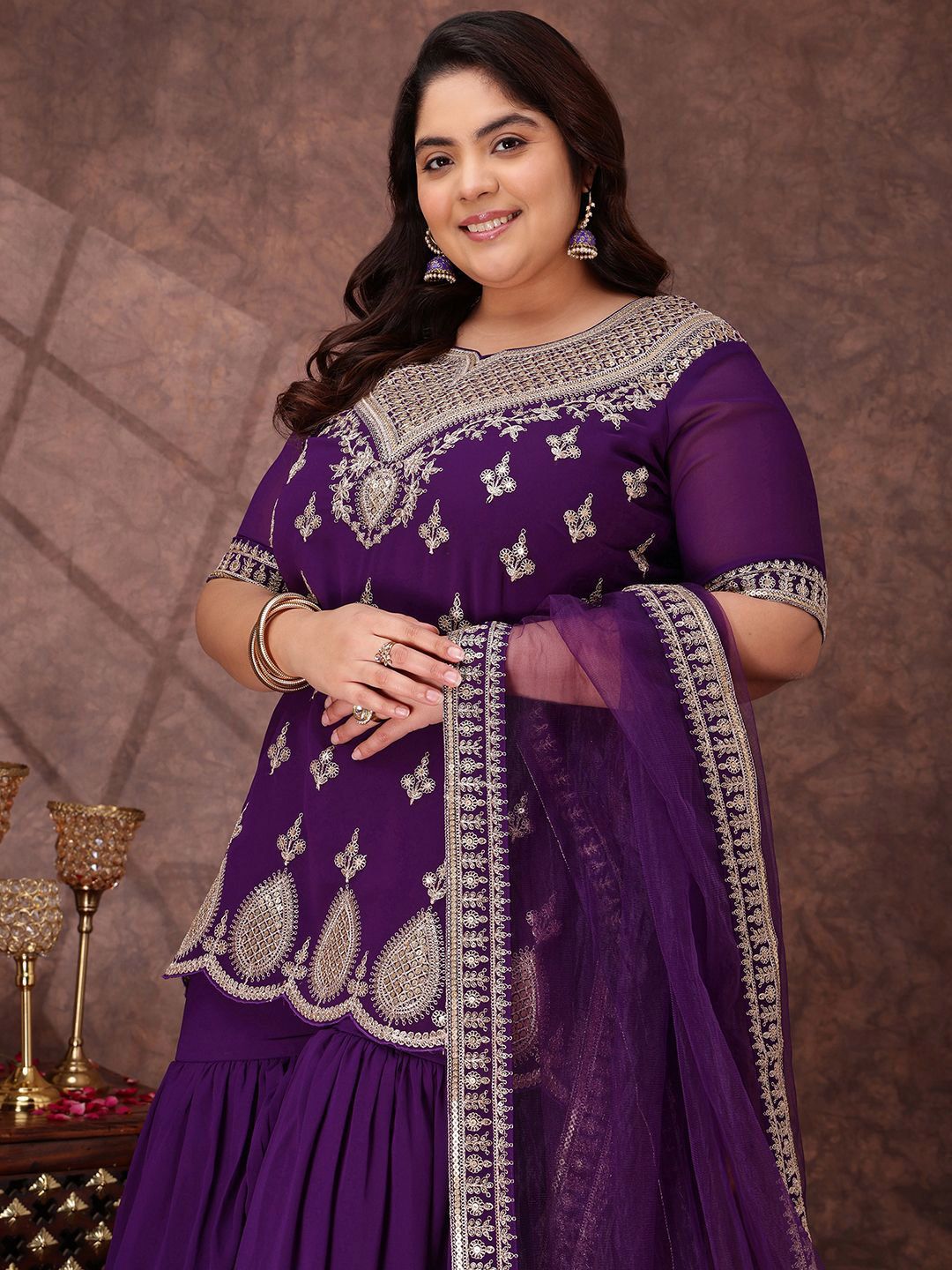 Dhiyona IN Women Plus Size Ethnic Motifs Sequinned Kurta with Sharara & Dupatta