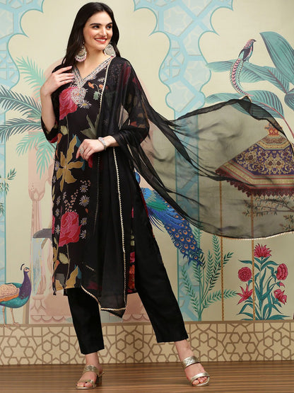 Dhiyona IS Women's Floral Printed V-Neck Three-Quarter Sleeves Kurta with Trousers & With Dupatta