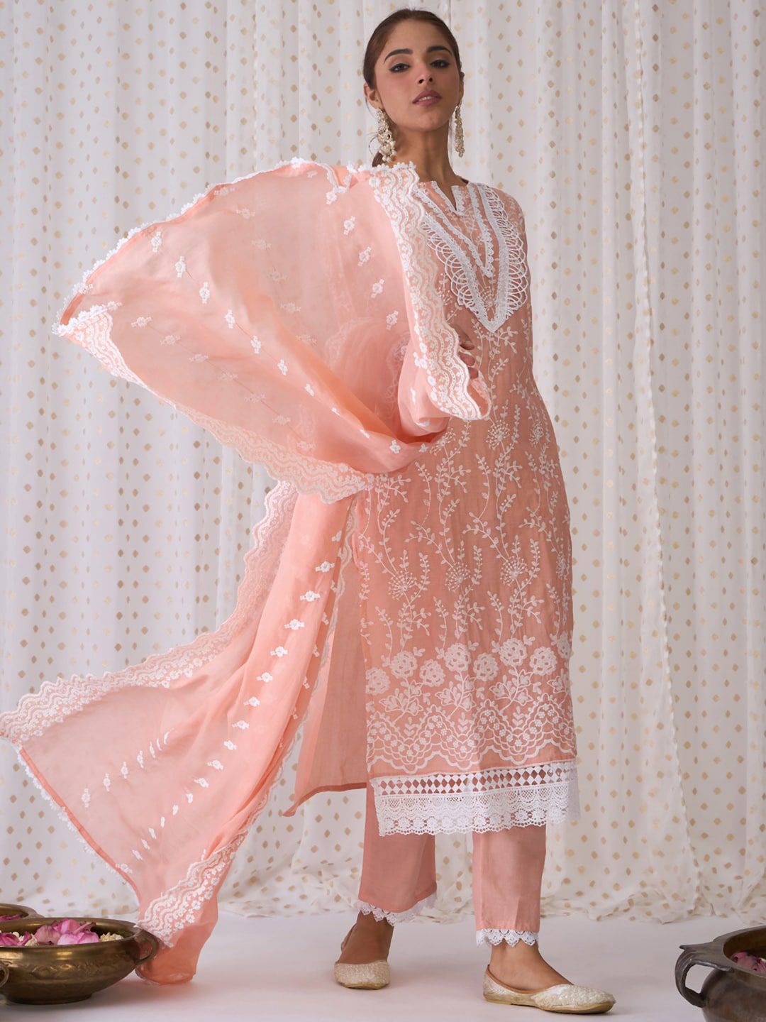 Dhiyona IE Floral Embroidered Notched Neck Cotton Straight Kurta with Trousers & Dupatta