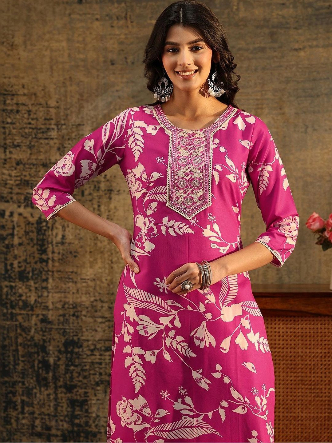 Rani Pink Floral Printed Cotton Blend Straight Suit Set