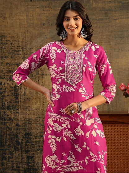 Rani Pink Floral Printed Cotton Blend Straight Suit Set