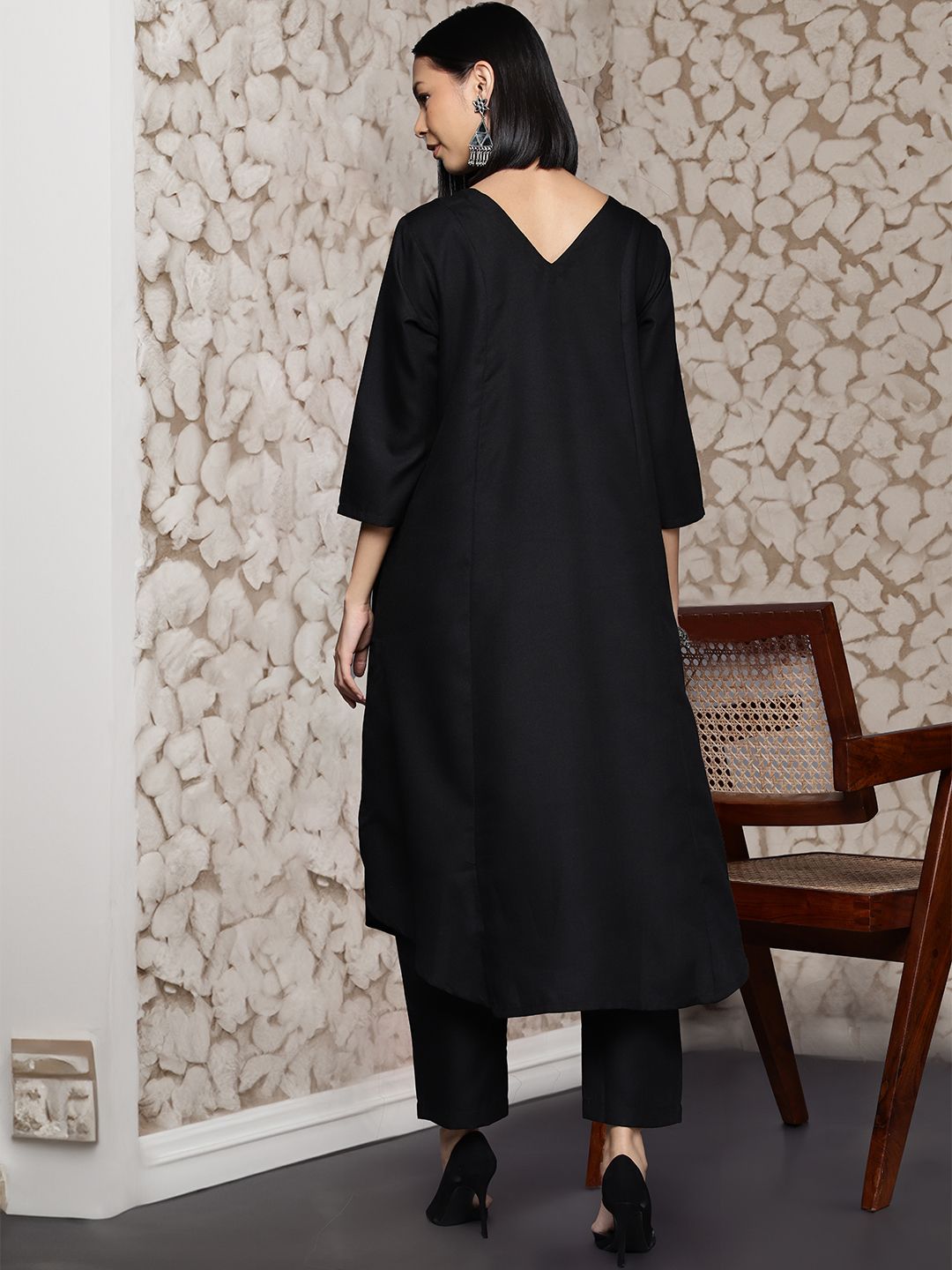 Black Black V-Neck Pleated Apple Hem Kurta With Trouser