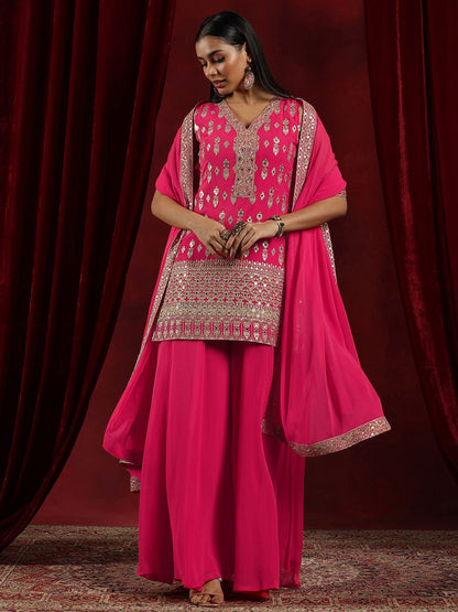 Dhiyona LL Floral Embroidered Regular Mirror Work Straight Kurta With Palazzos & Dupatta