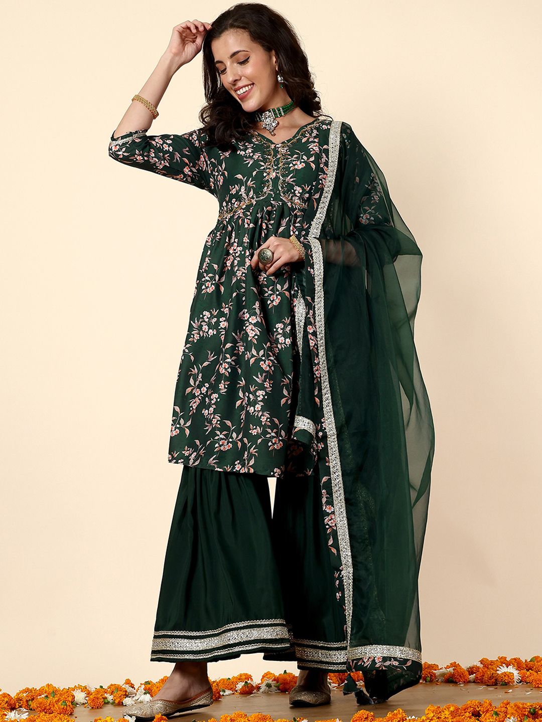 Dhiyona AN Floral Printed Anarkali Kurta with Sharara & With Dupatta