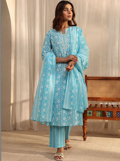Women Floral Printed Regular Thread Work Kurta with Trousers & With Dupatta