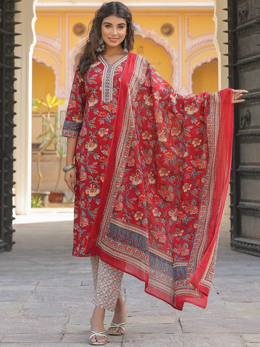 Dhiyona RR Women's Floral Printed V-Neck Sequinned Pure Cotton Kurta Set