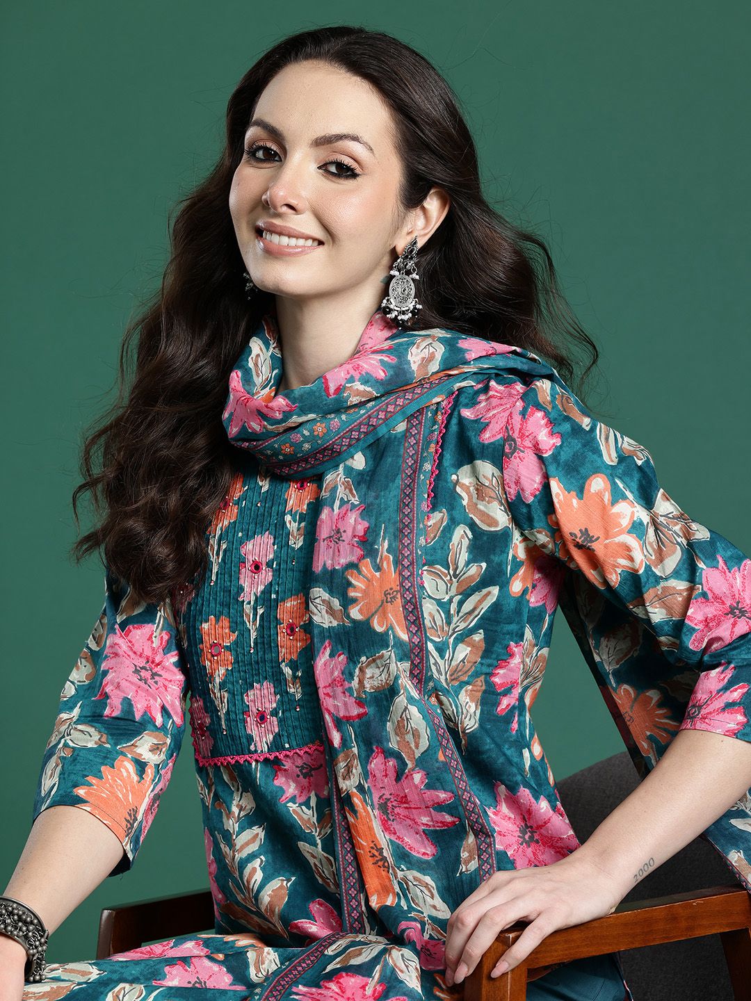 Dhiyona IE Floral Printed Pure Cotton Kurta with Trousers & Dupatta