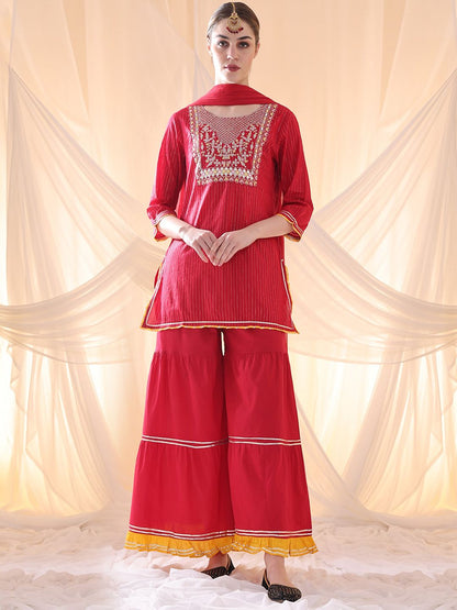 Dhiyona AN Floral Yoke Design Thread Work Pure Cotton Straight Kurta With Sharara & Dupatta