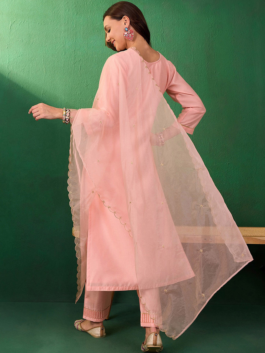 Sequence & Zari Embroidered Round Neck Kurta With Trousers & Dupatta