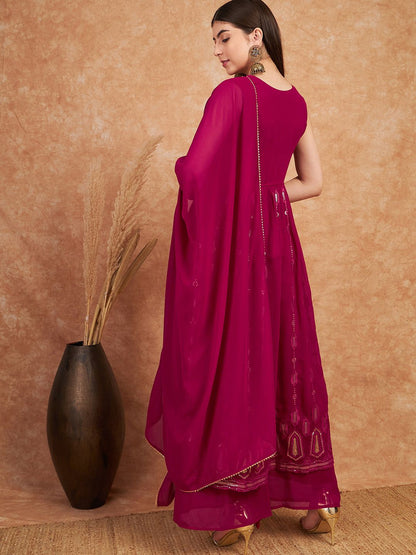 Dhiyona SN Pink Ethnic Motifs Embroidered Sequined Straight Kurta & Palazzo With Dupatta Set