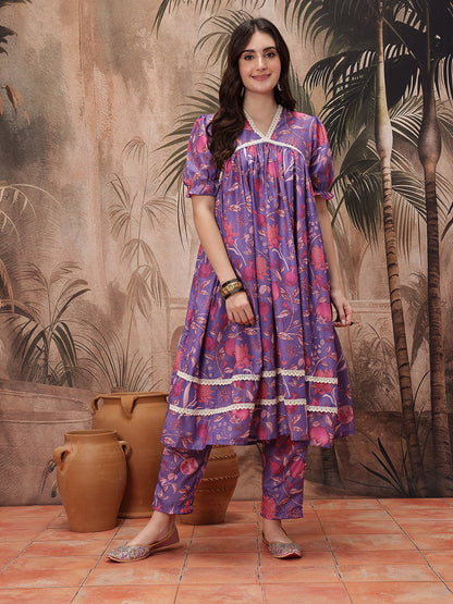 Floral Print Crochet Detail Kurta with Trousers
