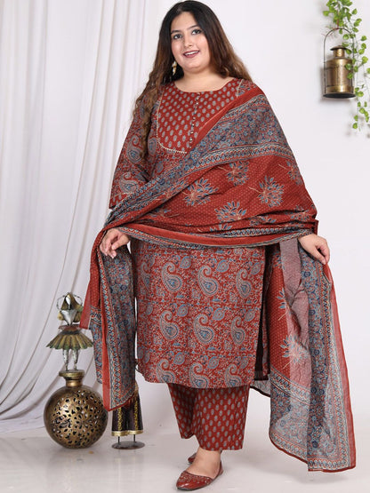 Dhiyona KL Plus Size Paisley Printed Pure Cotton Kurta with Trousers & Dupatta