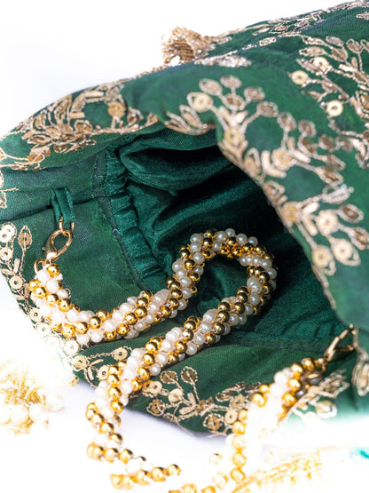 Dhiyona NR Green & Gold-Toned Embroidered Embroidered Potli Clutch