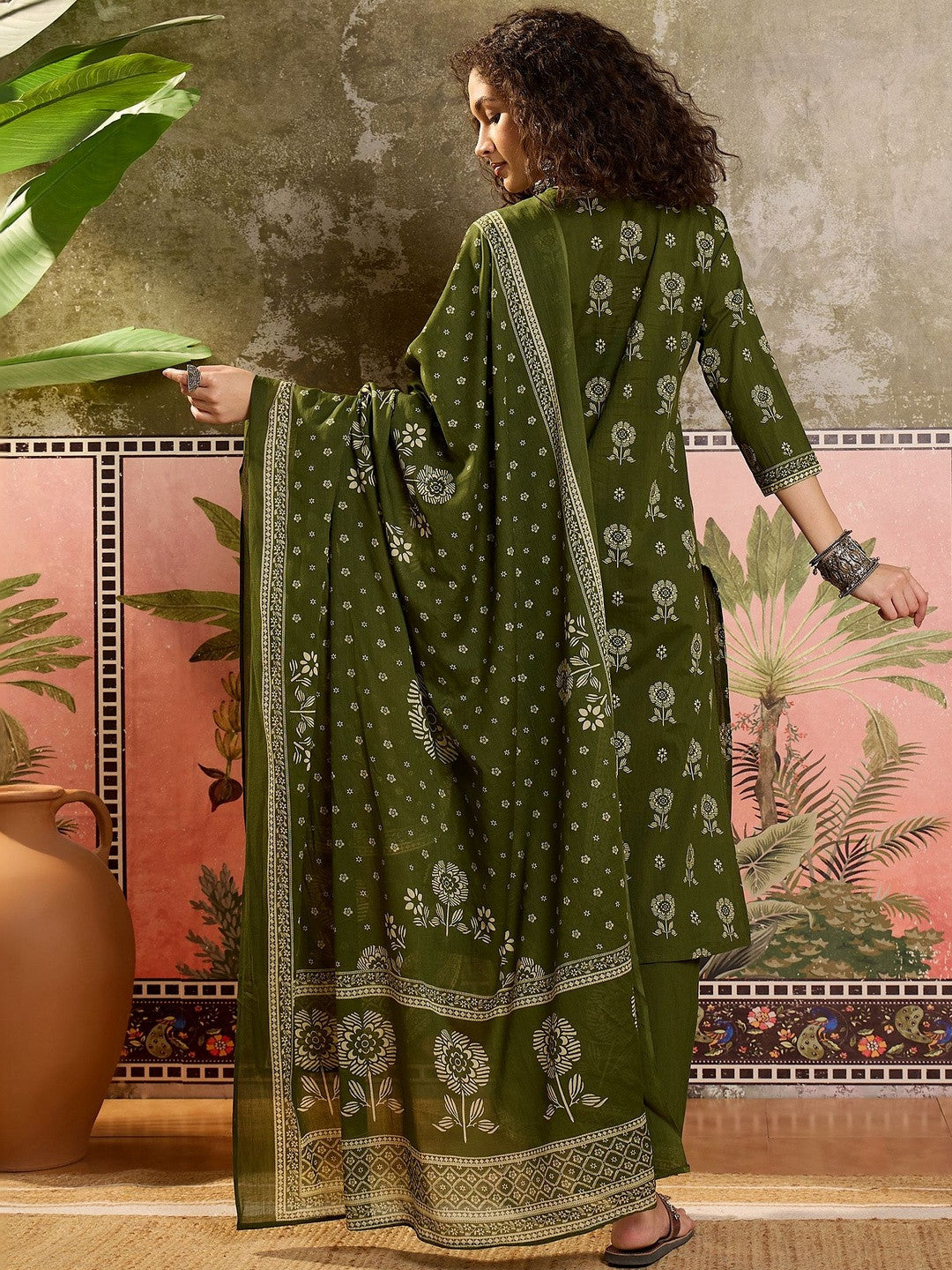 Floral Printed Cotton Round Neck Kurta & Trousers With Dupatta