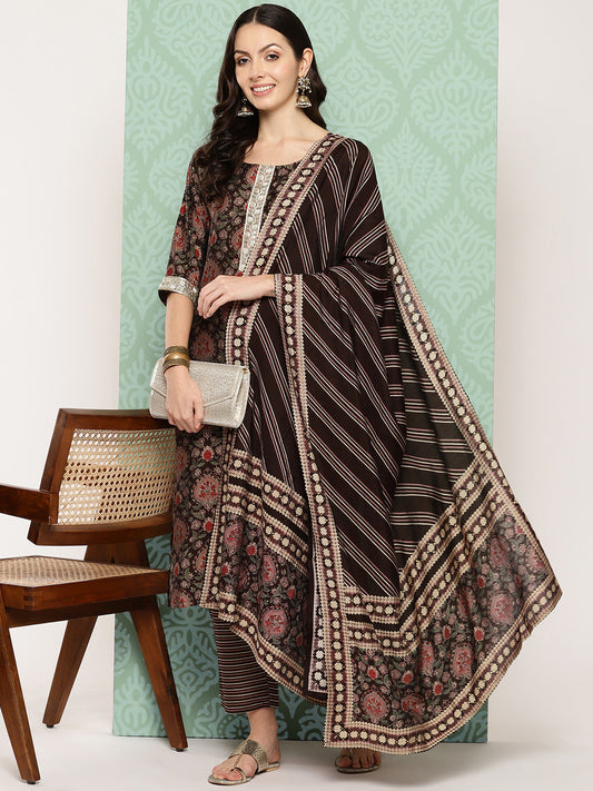 Floral Printed Sequinned Kurta with Trousers & Dupatta