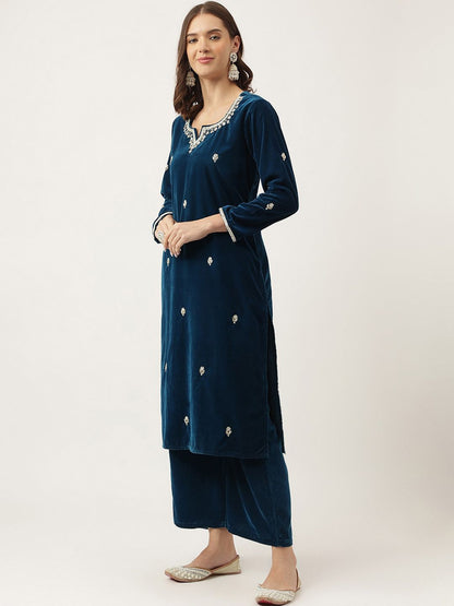 Dhiyona KL Floral Embroidered Beads and Stones Velvet Kurta With Palazzos & Dupatta