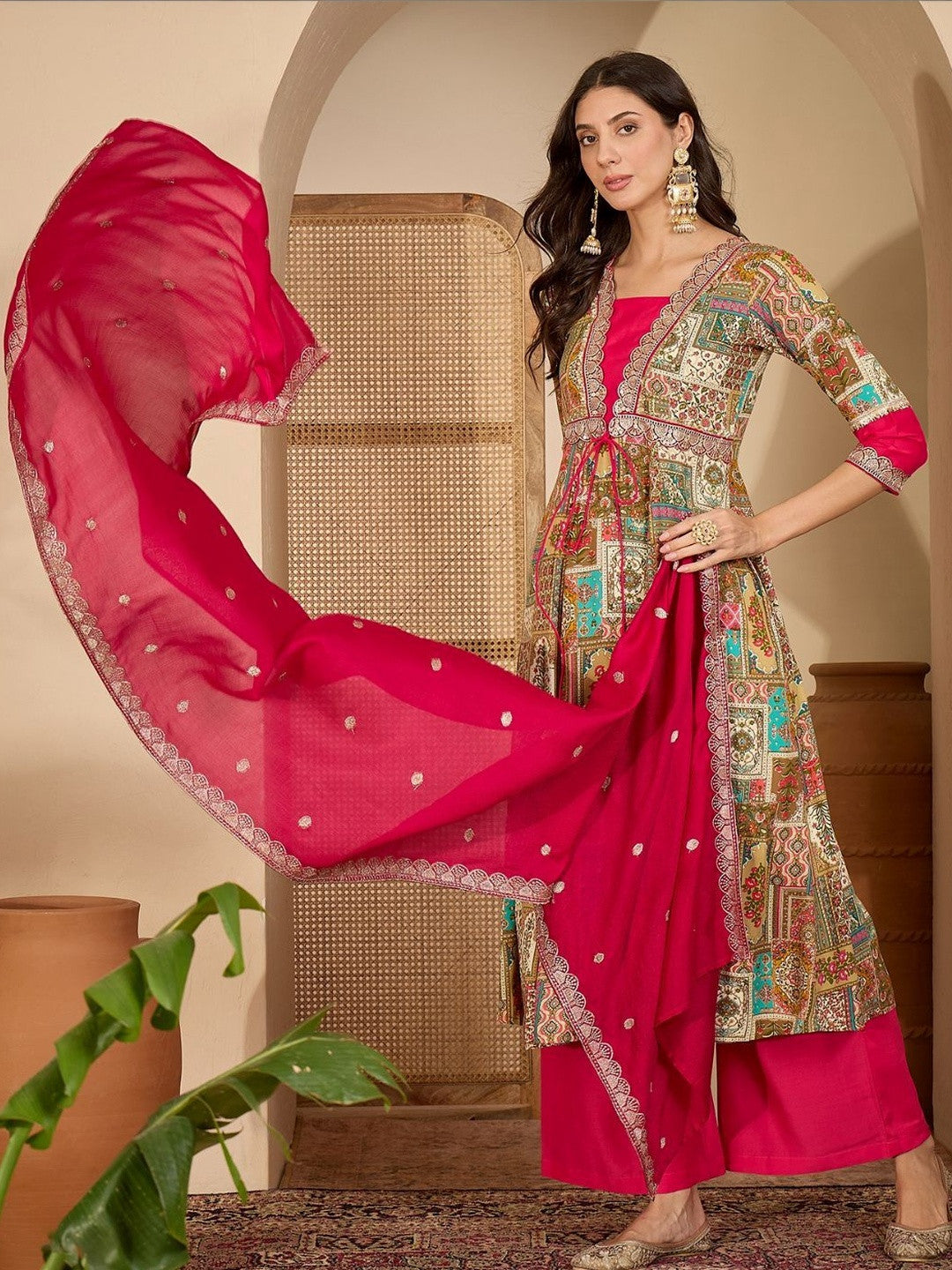 Embroidered V-Neck Anarkali Kurta & Palazzos With Dupatta