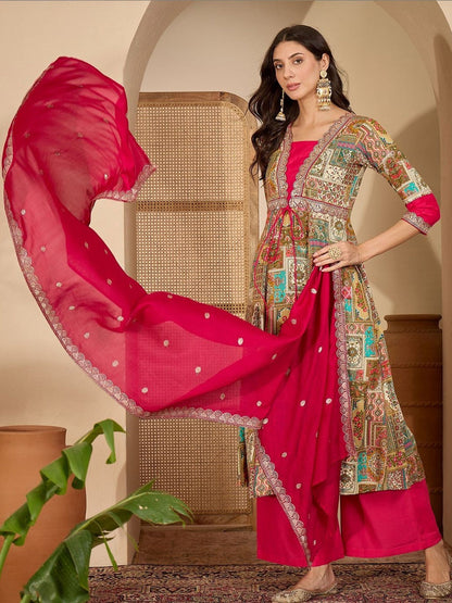 Embroidered V-Neck Anarkali Kurta & Palazzos With Dupatta