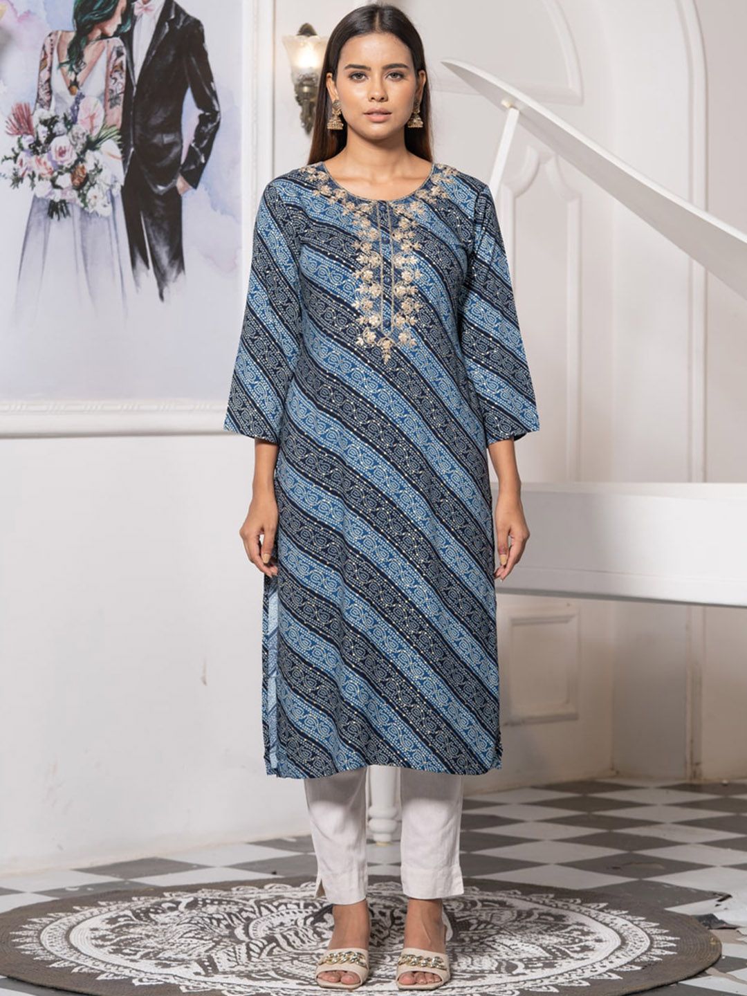 Dhiyona OD  Round Neck Printed Mirror Work Floral Kurta