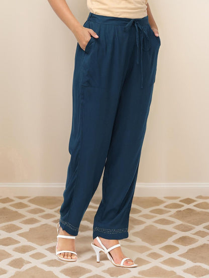 Dhiyona IS Women's Geometric Quirky Printed A- Line Kurta and Pants with Embroidered Hem