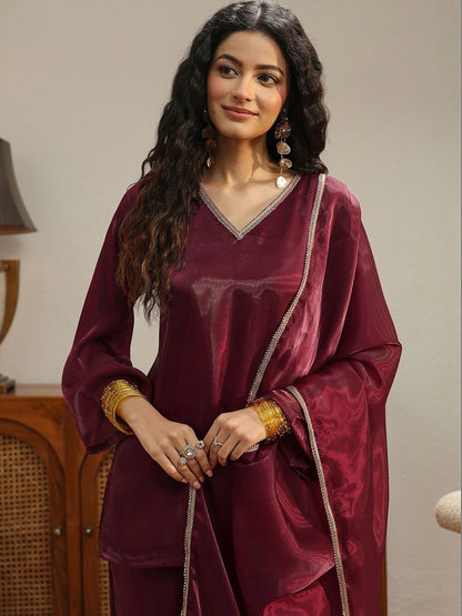 Libas Maroon Solid Tissue Palazzo Suit Set