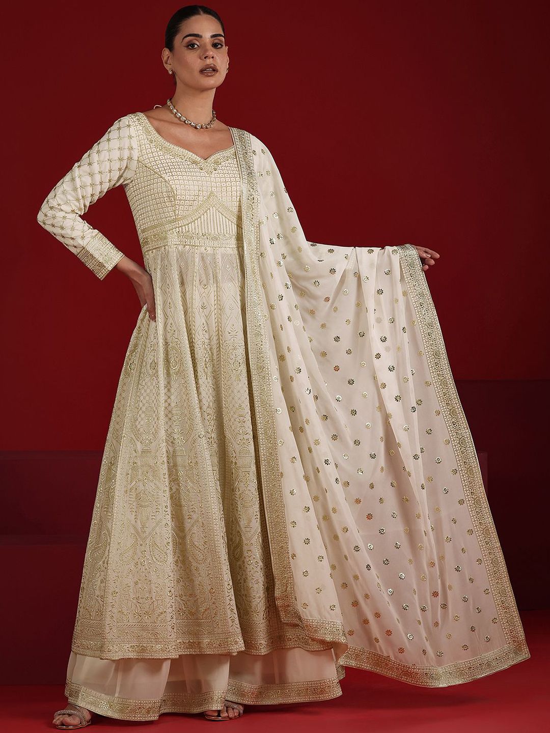 Dhiyona LL Womens Off White Embroidered Anarkali Kurta With Palazzos & Dupatta