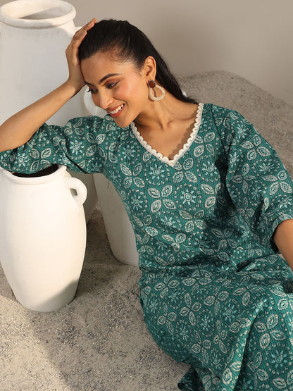 Teal Blue Floral Printed V-Neck Puffed Sleeves Straight Kurta With Trousers