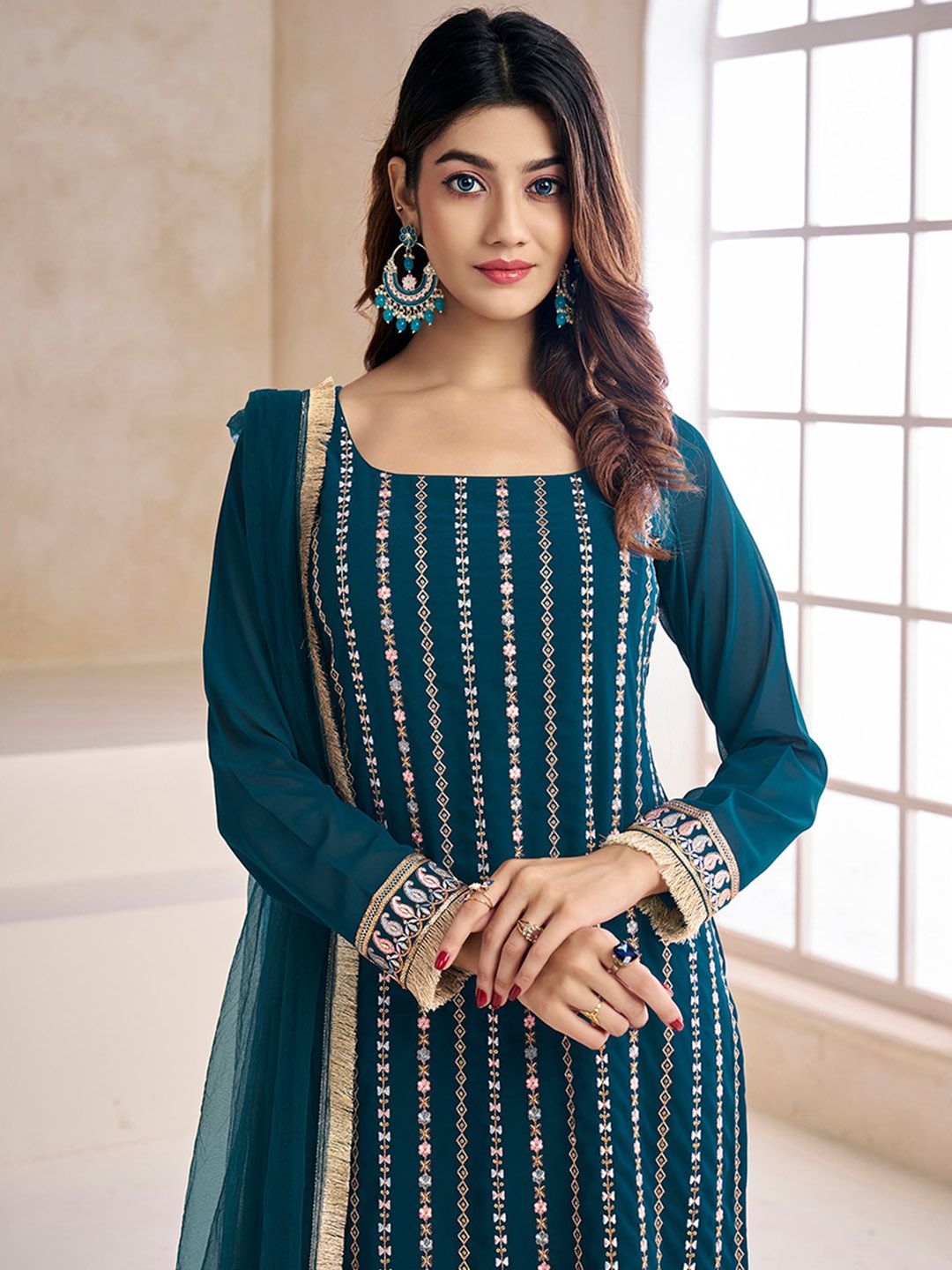 Dhiyona IN Teal Striped Embroidered Beads & Stones Straight Kurta & Palazzos With Dupatta