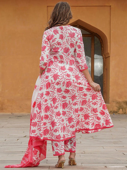 Dhiyona KL Floral Printed V-Neck Regular Kurta With Trousers & Dupatta