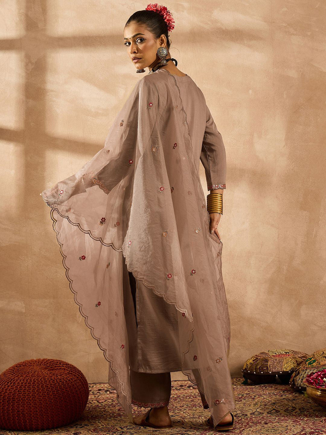 Women Ethnic Motifs Embroidered Regular Thread Work Kurta with Trousers & With Dupatta