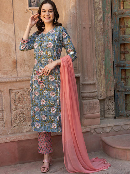 Blue Floral Printed Gotta Patti Pure Cotton Kurta with Trousers & Dupatta
