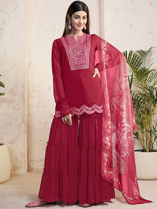 Dhiyona IN Ethnic Motifs Embroidered Sequinned Georgette Straight Kurti With Sharara & Dupatta