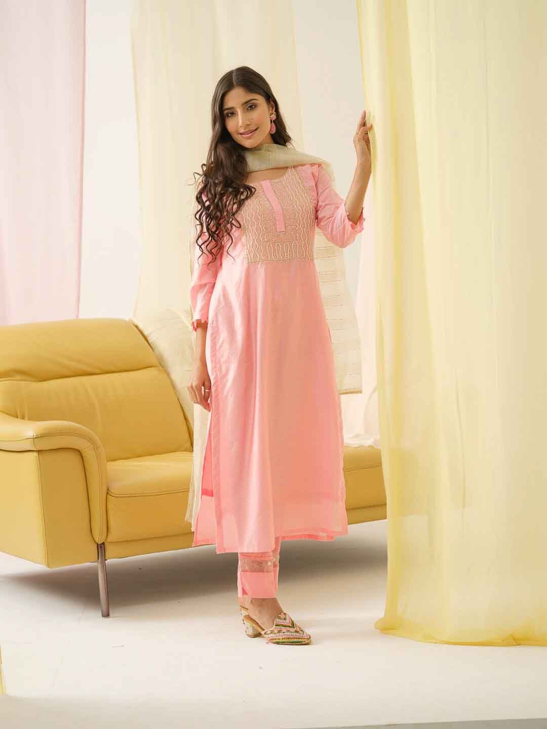 Dhiyona IS Women's Ethnic Motifs Yoke Design Beads and Stones Kurta with Trousers & Dupatta