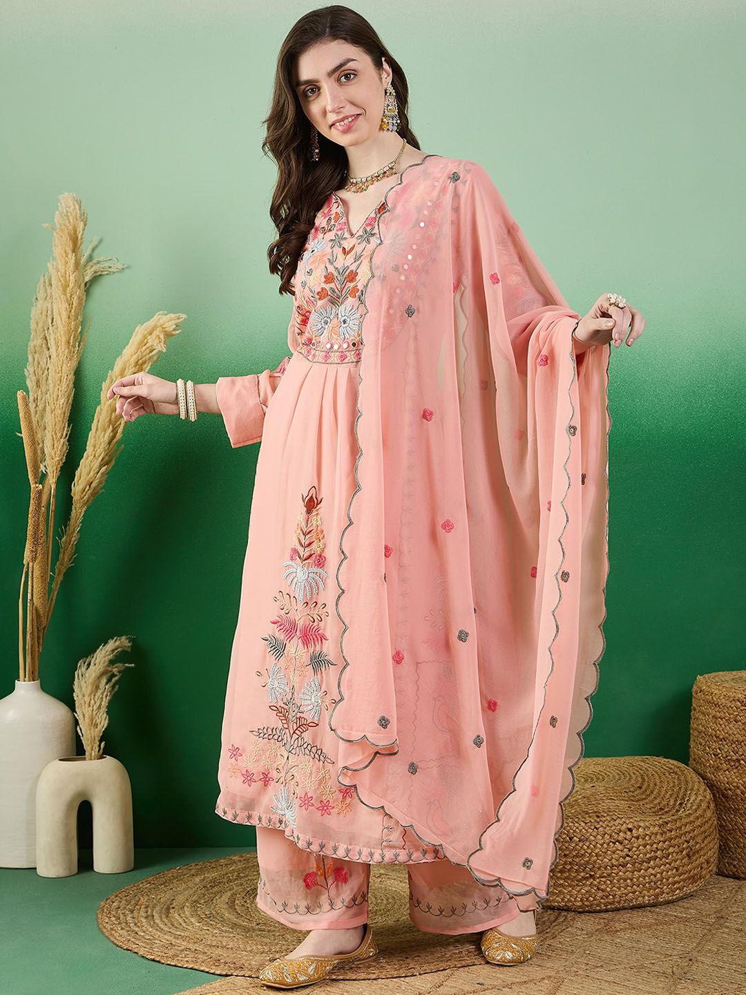 Dhiyona KL Floral Embroidered Thread Work Kurta With Palazzo & Dupatta