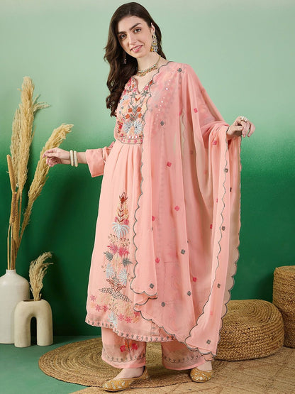 Dhiyona KL Floral Embroidered Thread Work Kurta With Palazzo & Dupatta