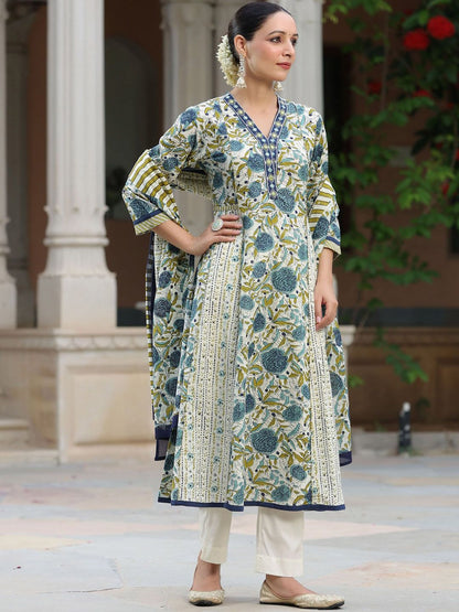 Dhiyona RR Women's Floral Printed Thread Work Pure Cotton Kurta with Trousers & With Dupatta