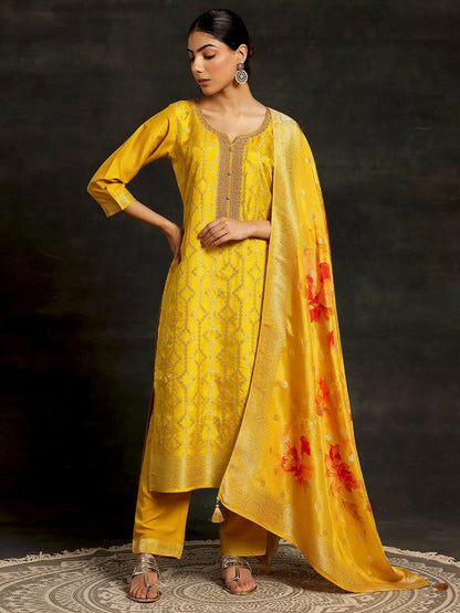 Women's LB Mustard Woven Design Silk Blend Straight Suit With Dupatta